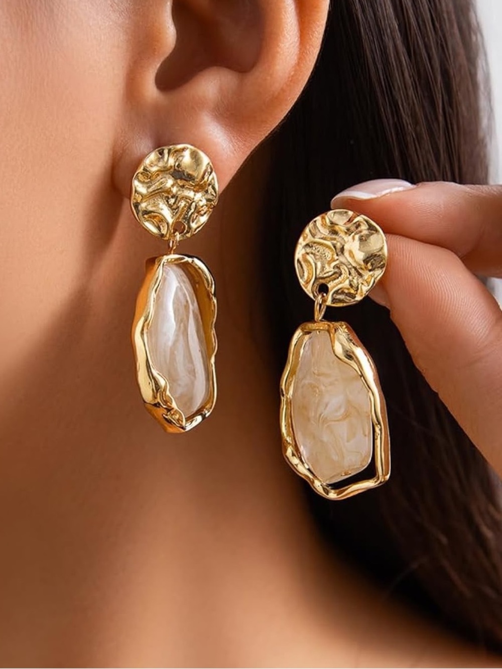 Anthropologie Gold Tone and Cream Marble Drop Earrings
